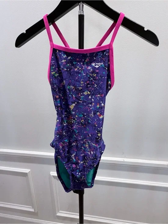 The Finals Girls' Purple Splash One-Piece Swimsuit with Pink Trim size 26
