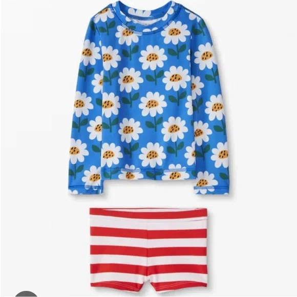 Daisy Floral Long Sleeve Rash guard in Equator Blue with Red Stripe Boy Shorts