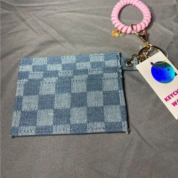New Blue Checkered Card Holder Wristlet Keychain