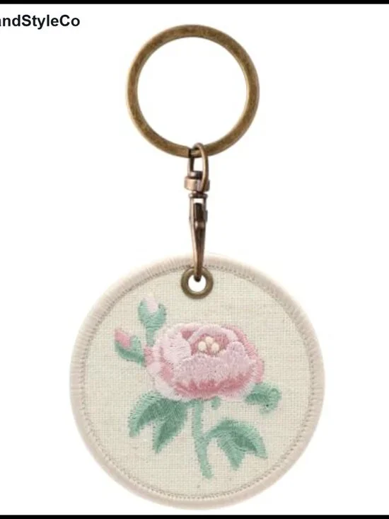 Round Linen Embroidered Floral Keychain Bag Charm