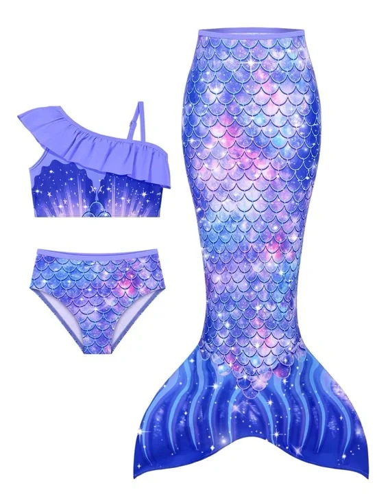 Kids Purple Mermaid Tail Set with Ruffle Top