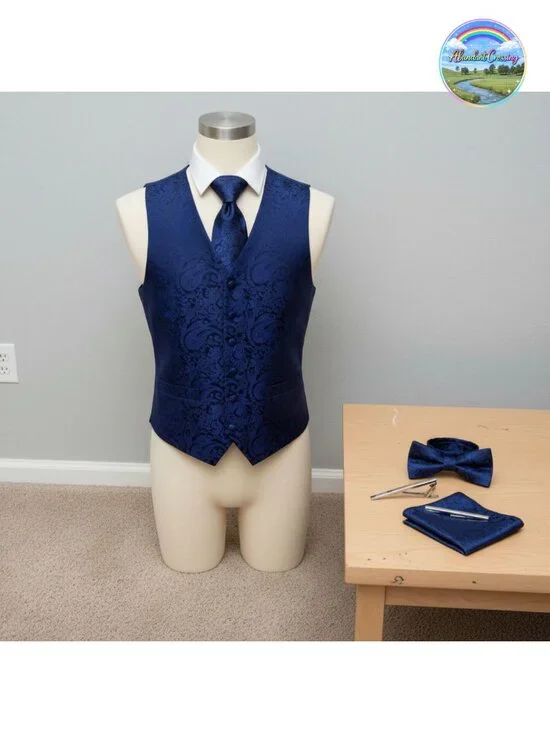 Mens Silk Paisley Vest & Necktie Set 6pc Pre-tied Bow Tie Formal Waistcoat