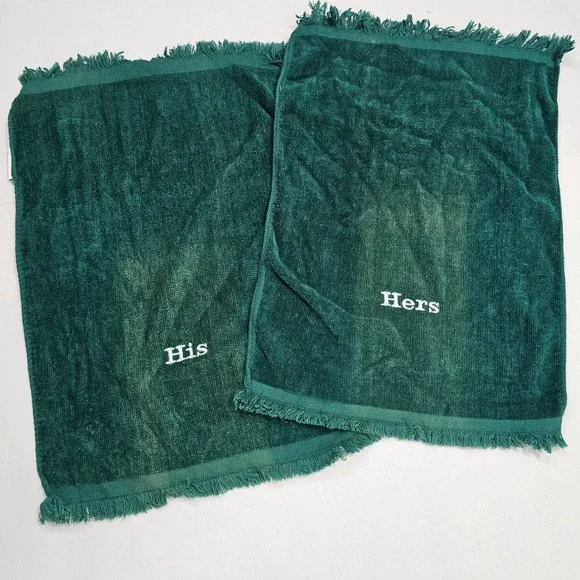Franco VTG Hand Towel Set OS Green His and Hers Embroidered Fringed‎ Cotton