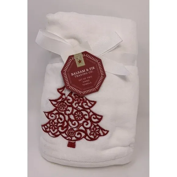 Balsam & Fir‎ Trading Co Christmas Hand Towel Set Red Trees Embroidered Holiday