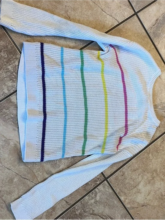 White Crewneck Sweater with Rainbow Stripes - girls