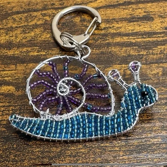Handmade Beaded Snail Keychain Purse‎ Charm Blue Purple Wire Wrapped Art