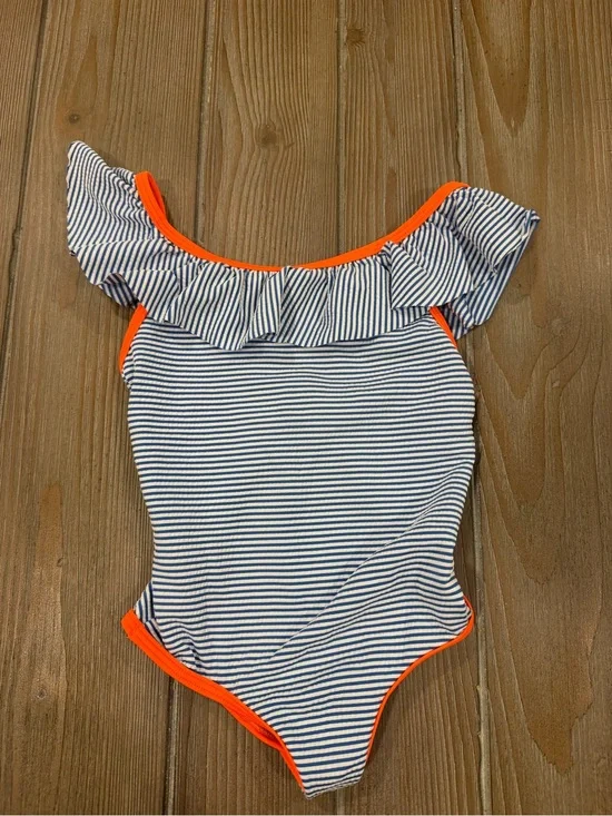 Mini Boden Navy and White Stripe One-Piece Swimsuit with Bright Orange Trim