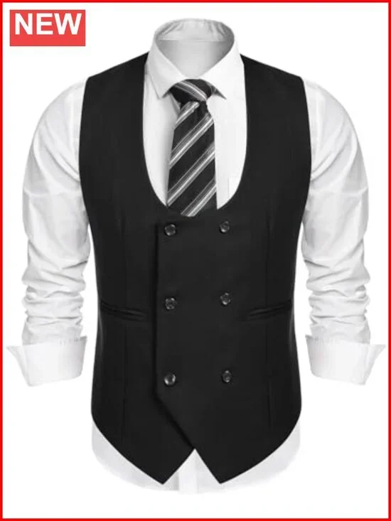 Mens Slim Fit Double Breasted Suit Vest Waistcoat U-Neck Formal
