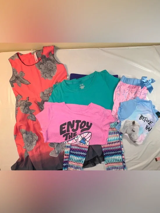 Bundle of Floral & Ombre Floaty Dress, Capri Leggings, 2 Tees, & Shorty Pajamas