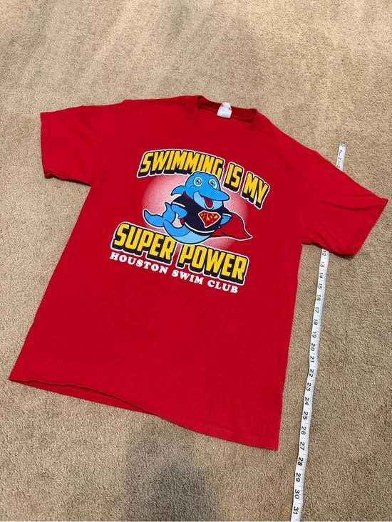 Port and Company Kids' Red Swim Tee with Blue Superhero Dolphin