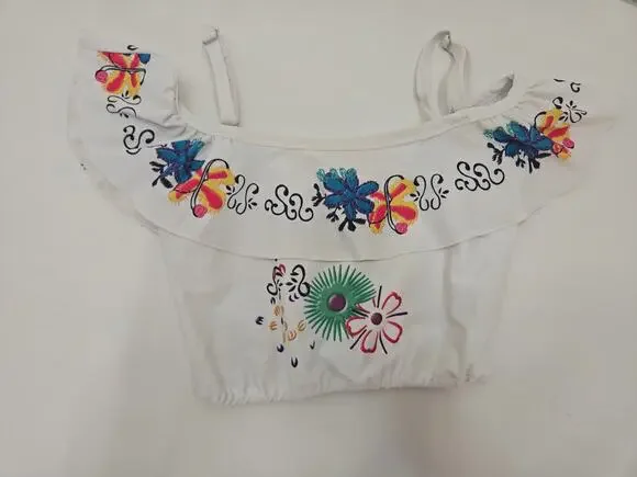 AmzBarley Girls 140 Floral Embroidered Ruffle Swimsuit Bikini Top White Kids