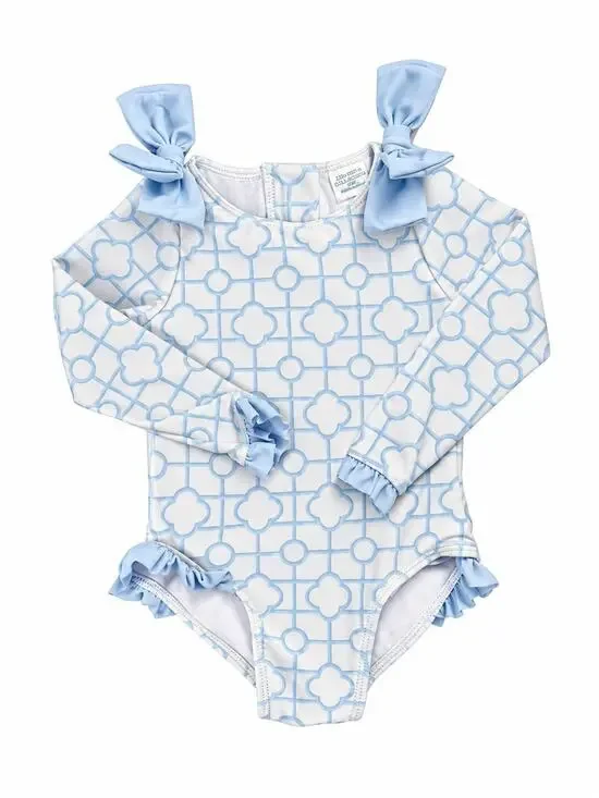 Edgehill Collection Baby Girls 18M Blue White Long Sleeve One Piece Swimsuit