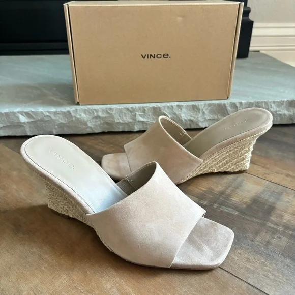 Vince Women's Size 8.5‎ Pia Wedge Espadrille Slide Taupe Clay Sandals