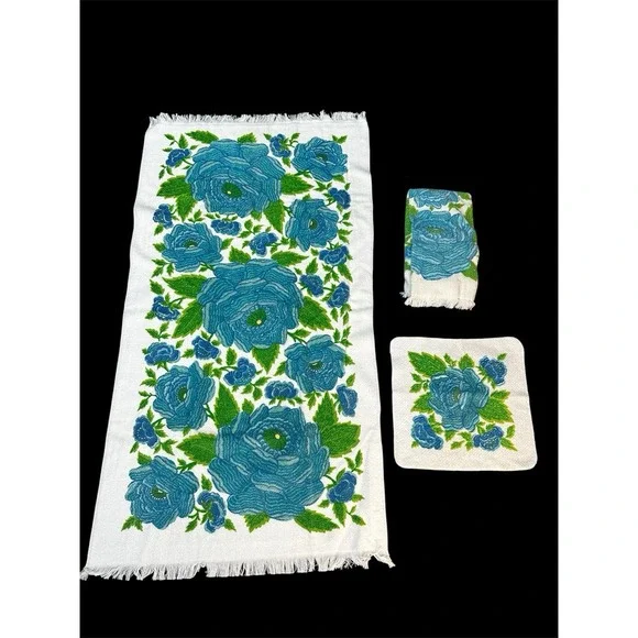 Vintage Fieldcrest Retro blue‎ towel set bath hand washcloth 1970s