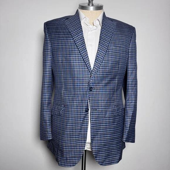 Clothing by Andre Blazer Mens 42L Blue Brown Check Wool Two Button Sport‎ Coat