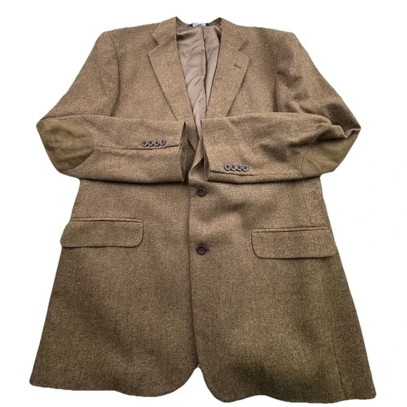 Stafford Jacket Blazer Mens Size 46L Brown Lambswool‎ Blend Elbow Patches