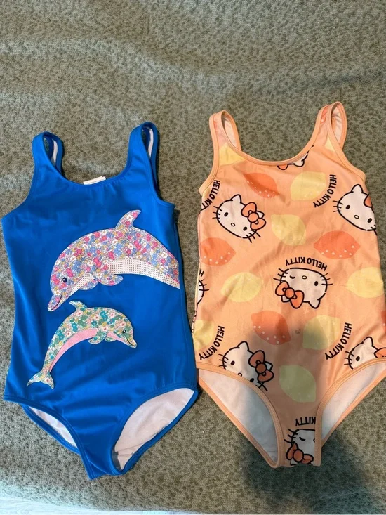 Mini Boden Blue Dolphin & Peach Hello Kitty Girls One-Piece Swim Set