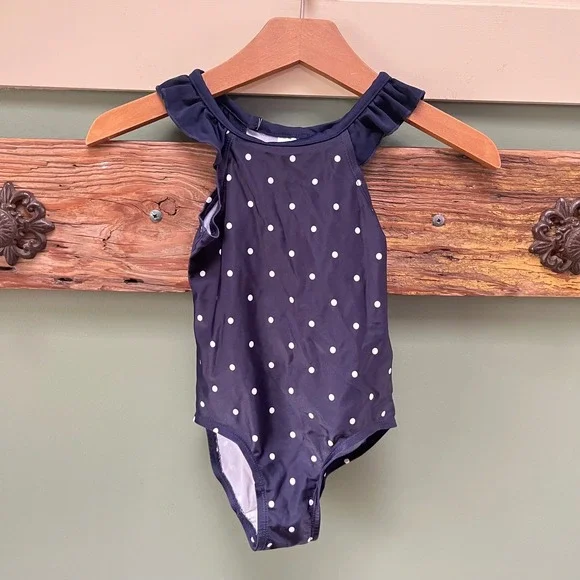 Polarn O. Pyret Navy Polka Dot Ruffle One‎ Piece Swimsuit Girls 1-2Y 86/92
