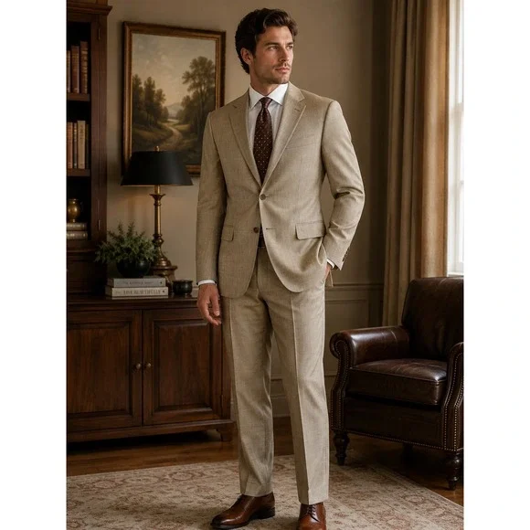 Ralph Lauren 2 Pc Glen Plaid Windowpane‎ Suit Tan Wool Men 41R