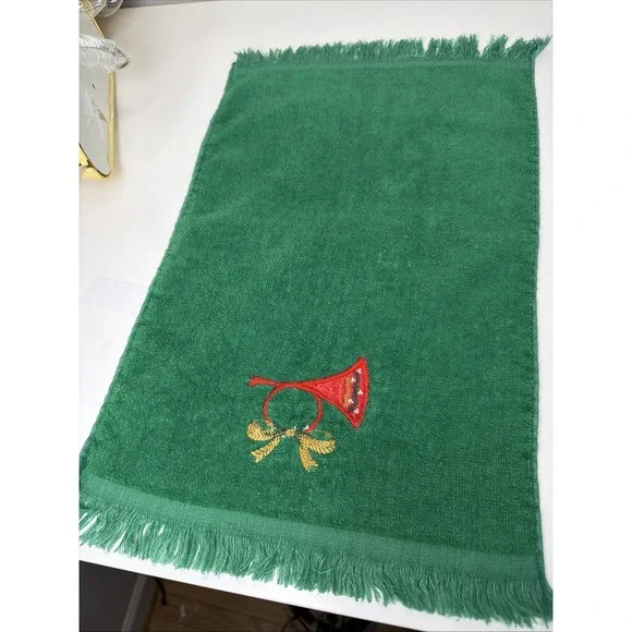 VTG Hand‎ Towel Hunter Green Embroidery HolidayCannon USA Fringed Cottagecore