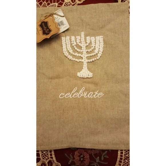 Mud‎ pie oatmeal linen French knot embroidered Menorah Hand towel