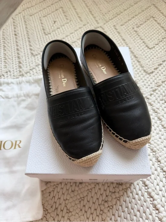 Dior Black Leather Espadrille Loafers with Natural Jute Trim