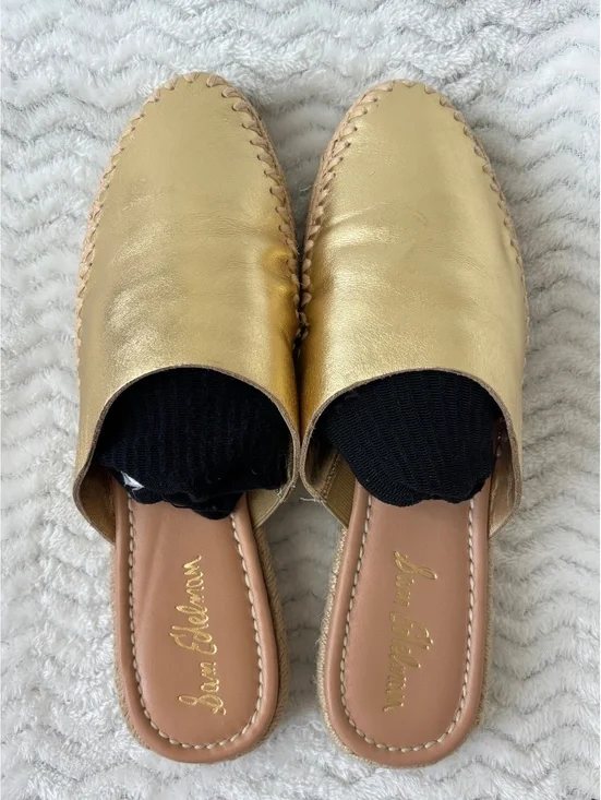 Sam Edelman Metallic Gold Leather Espadrille Mules Slip On Flats Women's 9.5