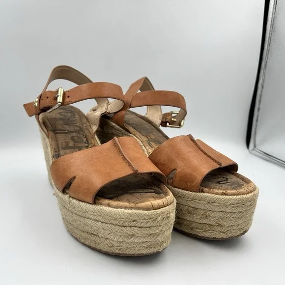 Sam Edelman Maura Espadrille Wedge Sandals Tan Brown Leather Size 9.5 M