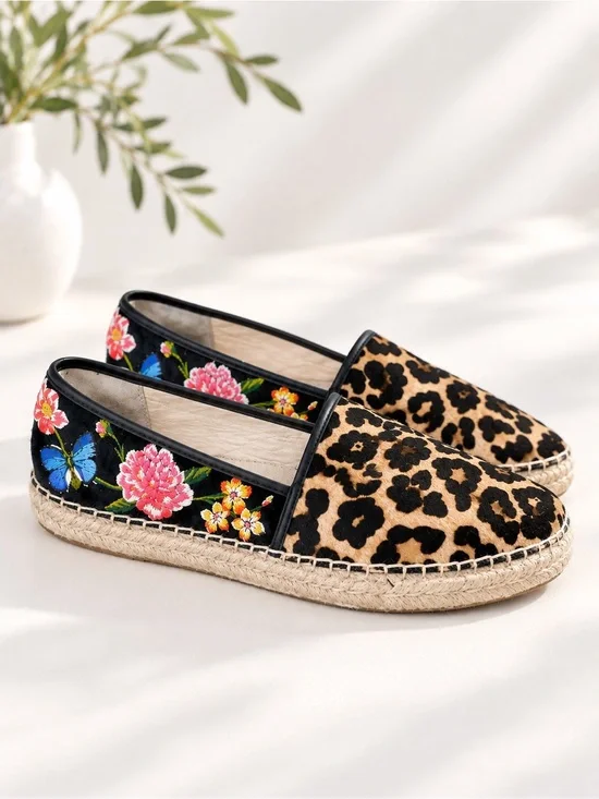 Johnny Was Garden Leopard Cheetah Espadrille Embroidered Floral Flats Size 10M