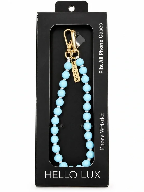 Hello Lux Light Blue Beaded Phone Wristlet with Gold Hardware