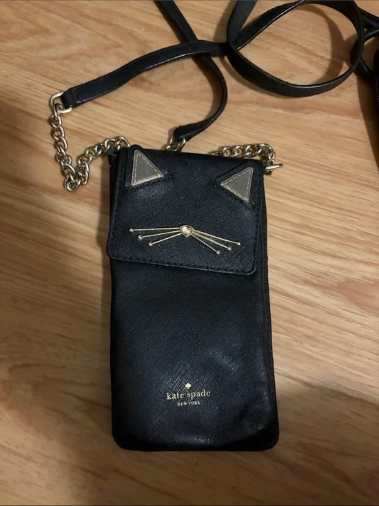 kate spade Black Cat-Ear Crossbody Phone Pouch with Gold Accents