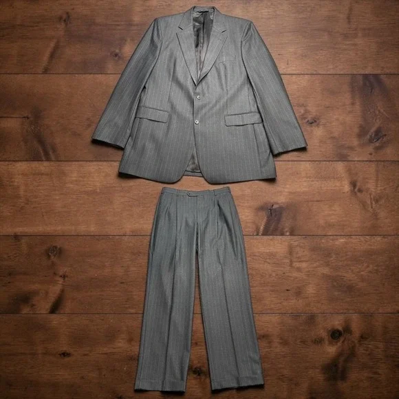 Brooks Brothers 346 Grey Pinstripe Suit 44L Blazer 34x33 Pleated Pants‎ Wool