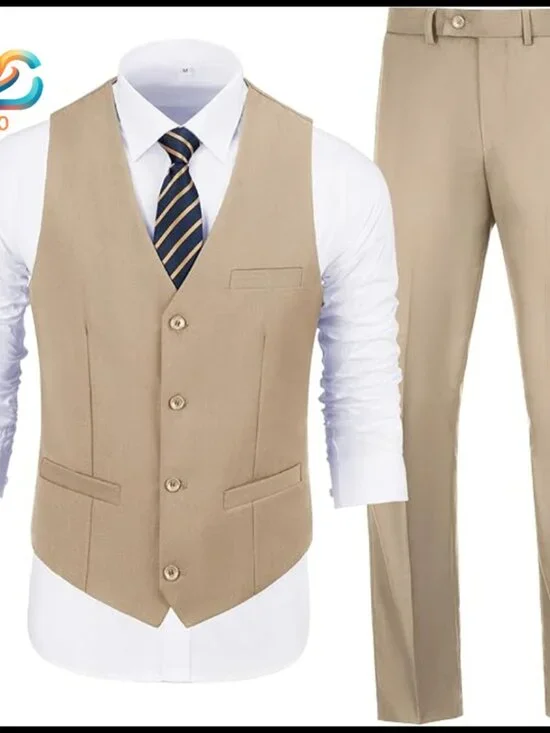 Slim Fit 2-Piece Suit Set with Vest, Polyester Blend, Formal Business Attire