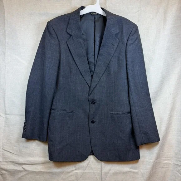 Vintage Bill Blass Suit Jacket Mens 44 Gray Plaid Wool 2 Button Made USA Classic