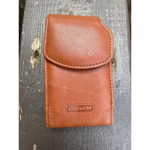 Coach‎ Vintage Brown Leather Flip Phone Case Tech Accessory Brass D-Ring