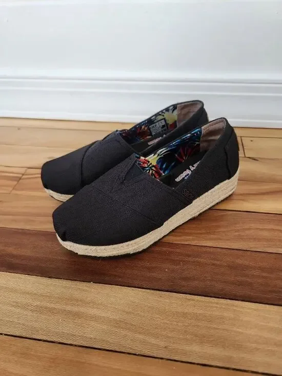 BOBS Skechers Womens 6 Espadrille Slip-On Black Linen Comfort Shoes Memory Foam