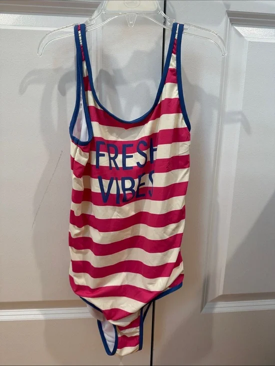 Zara Kids Pink & Cream Stripe One-Piece Swimsuit with Blue Trim