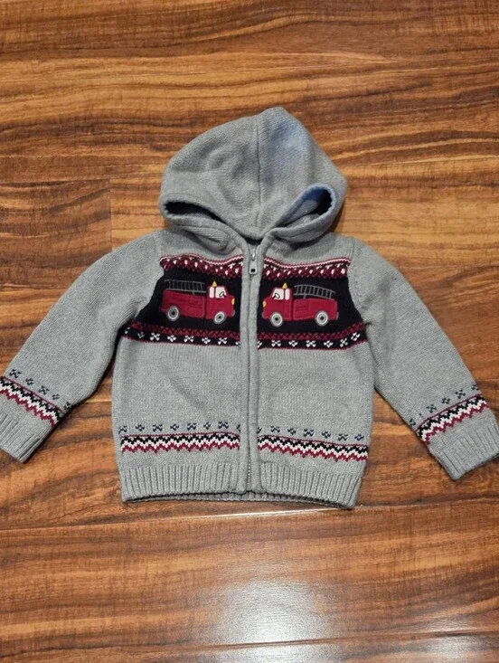 Gymboree EUC 18-24 Months Gray Hooded Zip Sweater w/ Firetruck Fair Isle Print