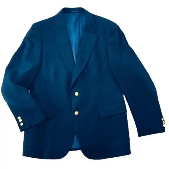 Vintage Navy Blue Sport Coat Blazer Gold Buttons Suit Coat 100% Pure Wool 42R