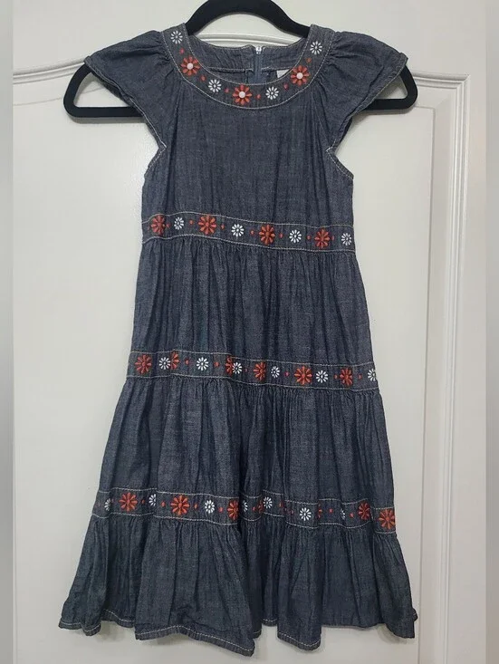 Gymboree Dark Blue Denim Tiered Dress with Red & White Floral Trim