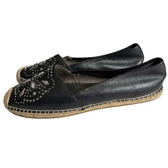 Brighton Jett Black Leather Studded Espadrille Flats Shoes Womens 10 Silver Stud