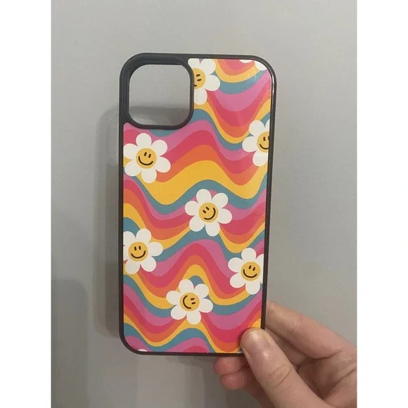 iPhone 14 Plus Case Unisex OS Multicolor Retro‎ Wavy Rainbow Smiley Face Daisy