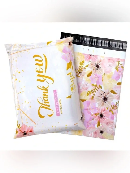 Set of 25 10”x13” Thank You Floral Pink and‎ Gold Poly Mailers