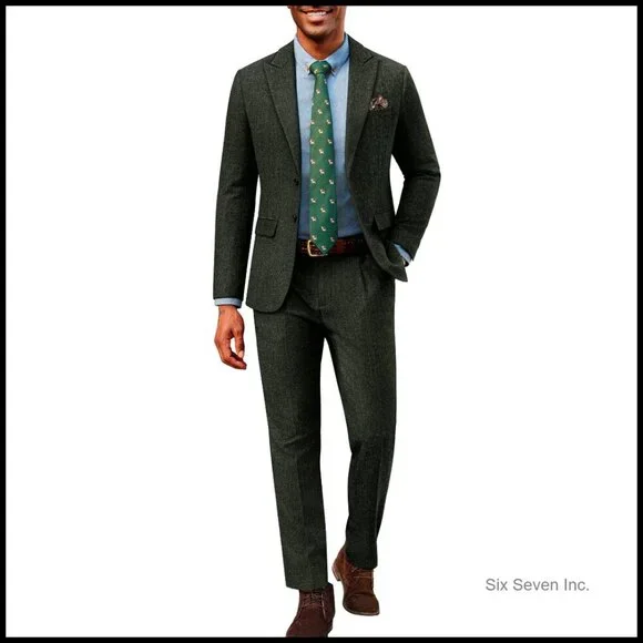 Vintage Herringbone Tweed Suit Set Classic Peak Lapel Blazer Pants Elegant