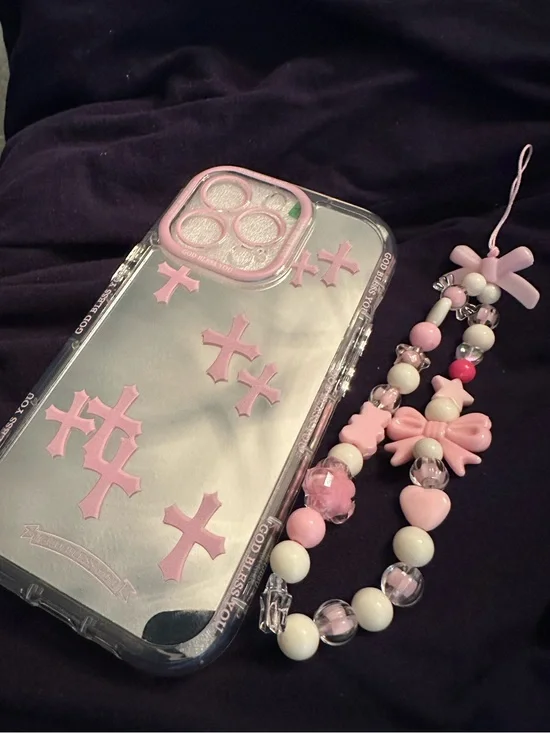 13 Pro Clear Phone Case with Pink Cross Accents and Beaded Strap