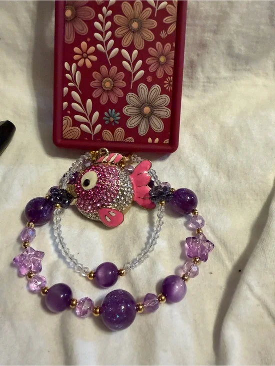 Hand Crafted Purple Beaded Phone Charm with Pink Fish Pendant