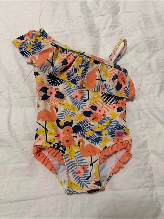 Girls' Flamingo One-Shoulder Swimsuit - Coral Floral
