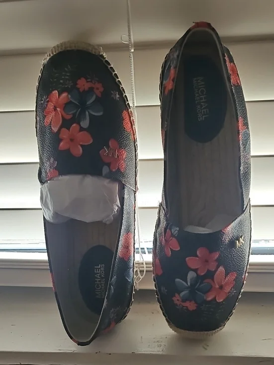 Michael Kors Navy Espadrille Slip-Ons with Pink & Coral Floral Print