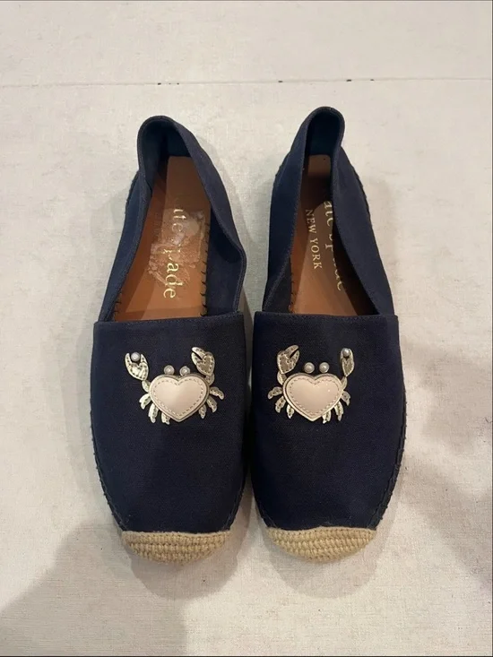 Kate Spade Navy Canvas Espadrilles with Heart Crab Accent patches. GUC!