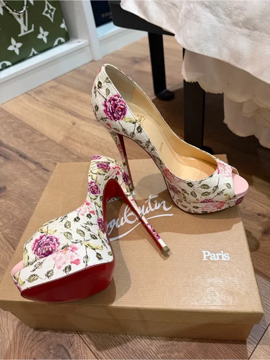 Christian Louboutin Floral Peep-Toe Platform Pumps in Cream and Pink